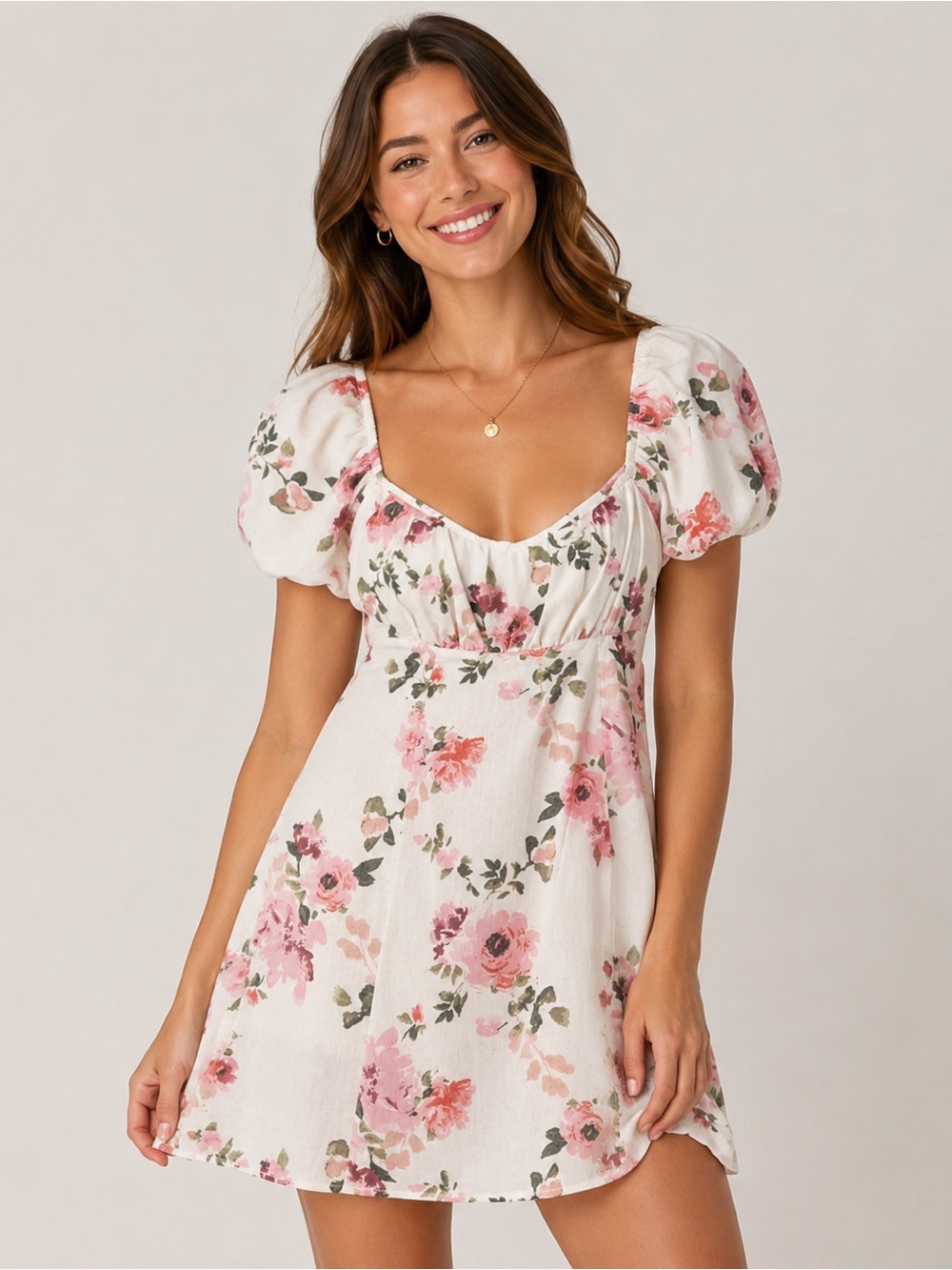 NWT Romantic Pink and Green Floral Print with Dramatic Puff